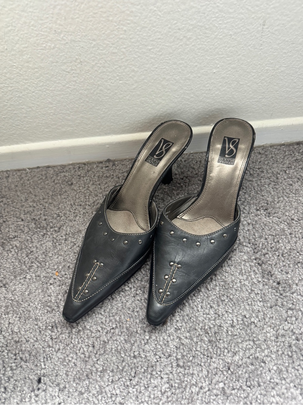 Valerie Stevens Black Pointed-Toe Studded Mule Heels